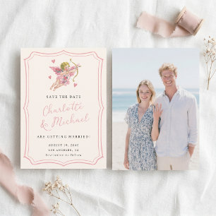 Save The Date Mariage Rose Cherub Cupidon Rétro Écrit à la Main