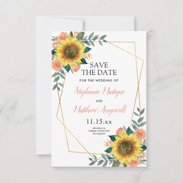 Save The Date Mariage Rose de pêche de tournesol géométrique (Devant)