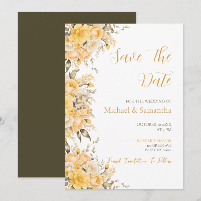 Save The Date Mariage Rose élégant jaune et ivoire (Devant / Derrière)