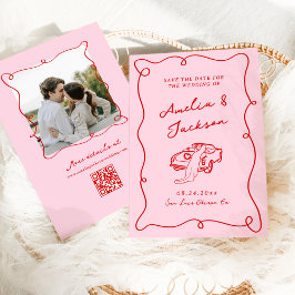 Save The Date Mariage rose et rouge à main blanche + détails