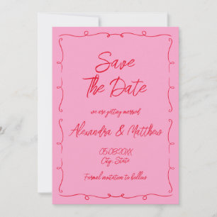 Save The Date Mariage Rose et Rouge au Gribouillis Fantaisiste D