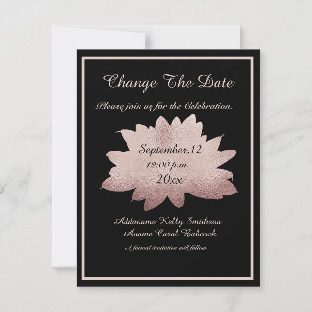 Save The Date Mariage Rose or Floral moderne Black Change / (Devant)
