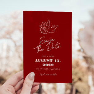 Save The Date Mariage Rouge Cupidon Chérubin Dessiné à la Main V