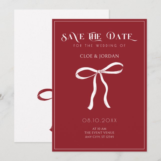 Save The Date Mariage ruban à nœud rouge (Devant / Derrière)
