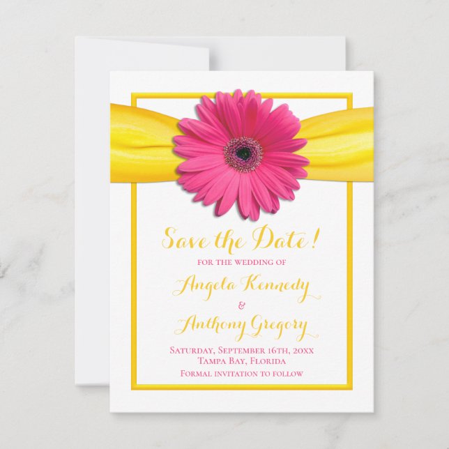 Save The Date Mariage Ruban Jaune Gerbera Daisy Rose (Devant)