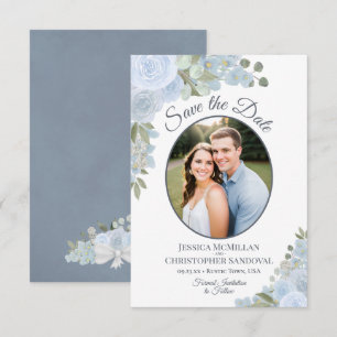 Save The Date Mariage Rustique aux Roses Aquarelles Bleu Poussiè
