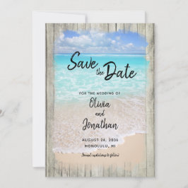 Save The Date Mariage Rustique Bois Plage Océan Bleu Aqua