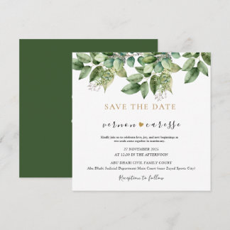 Save The Date Mariage Rustique Botanique Vert & Feuillage Doré 1