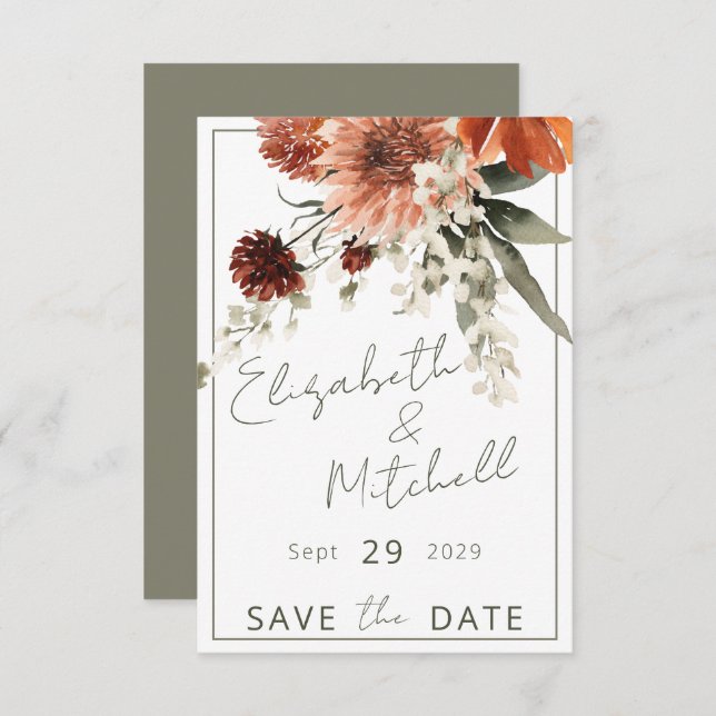 Save The Date Mariage Rustique de fleurs de rouille en terre cui (Devant / Derrière)