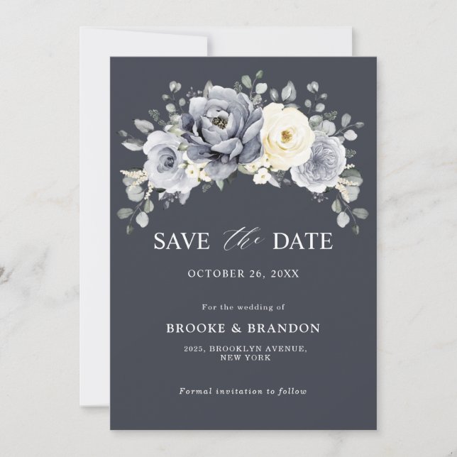 Save The Date Mariage rustique d'hiver gris argenté et floral iv (Devant)