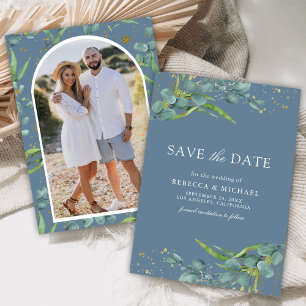 Save The Date Mariage Rustique Eucalyptus Photo Bleu Poussiéreux