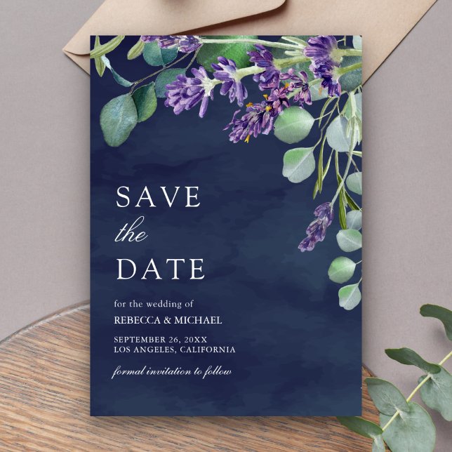 Save The Date Mariage Rustique Lavande Eucalyptus Bleu Marine (Créateur téléchargé)