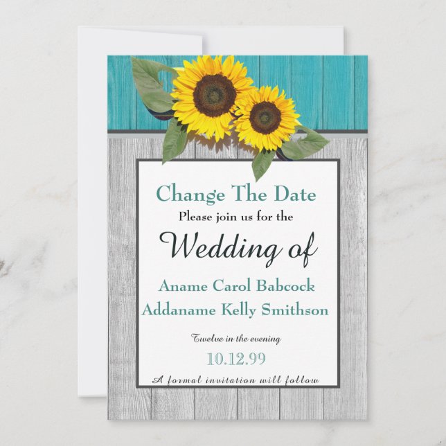 Save The Date Mariage rustique Tournesol Gris sarcelle Bois Chic (Devant)