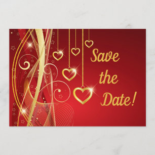 Save The Date Mariage Sauvez la date Romantique Red Gold Hearts