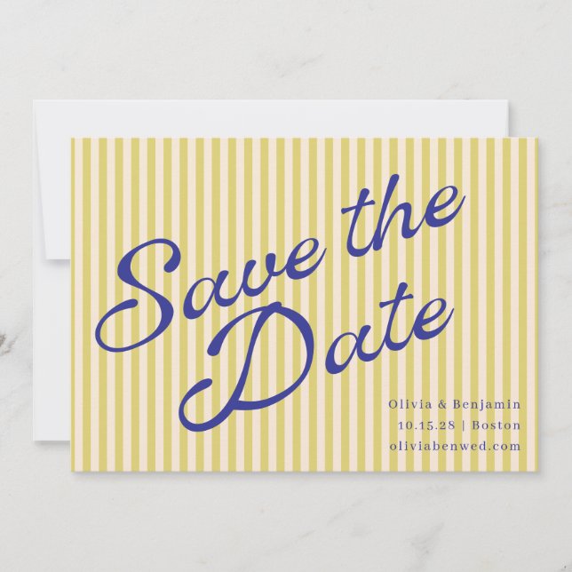 Save The Date Mariage Script Rayure Rétro Bleu Jaune Côtiers (Devant)