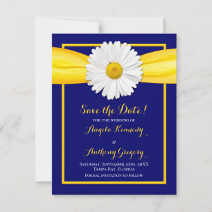 Save The Date Mariage Shasta Daisy Ruban Jaune Bleu Marine