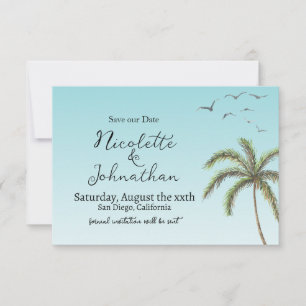 Save The Date Mariage Simple à la Plage avec Palmier et Oiseaux