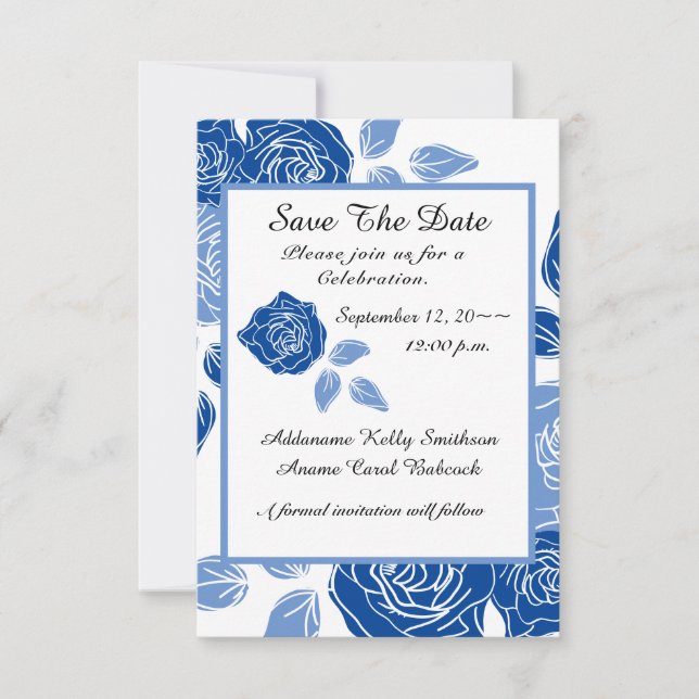 Save The Date Mariage Simple Chic Rose Florale Bleue (Devant)