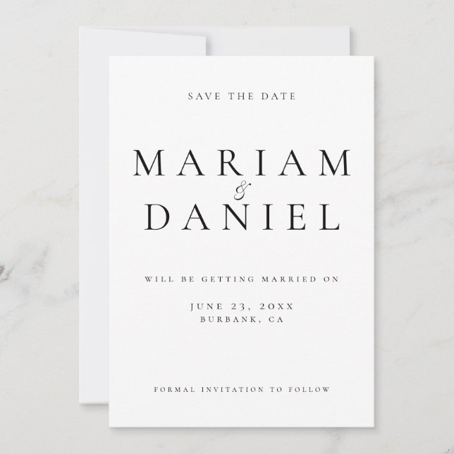 Save The Date Mariage Simple Élégant Écriture Noir et Blanc (Devant)