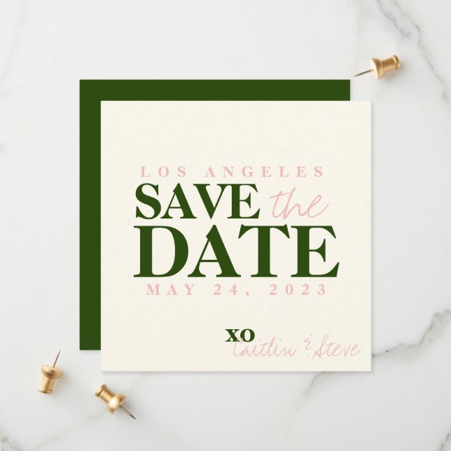 Save The Date Mariage simple et moderne vert et rose (Devant/Arrière en situation)