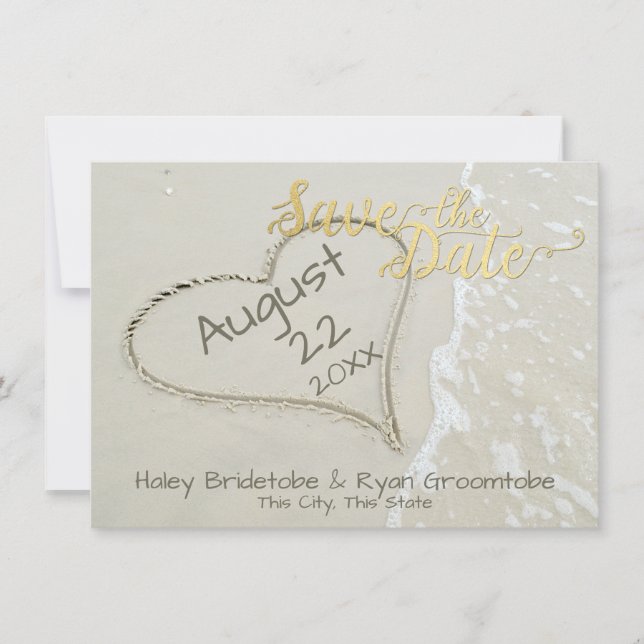 Save The Date Mariage sur la plage avec cœur dans le sable (Devant)
