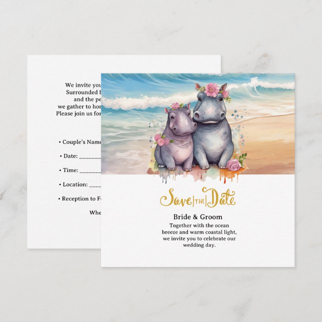 Save The Date Mariage sur la Plage avec un Couple d'Hippopotames (Devant / Derrière)
