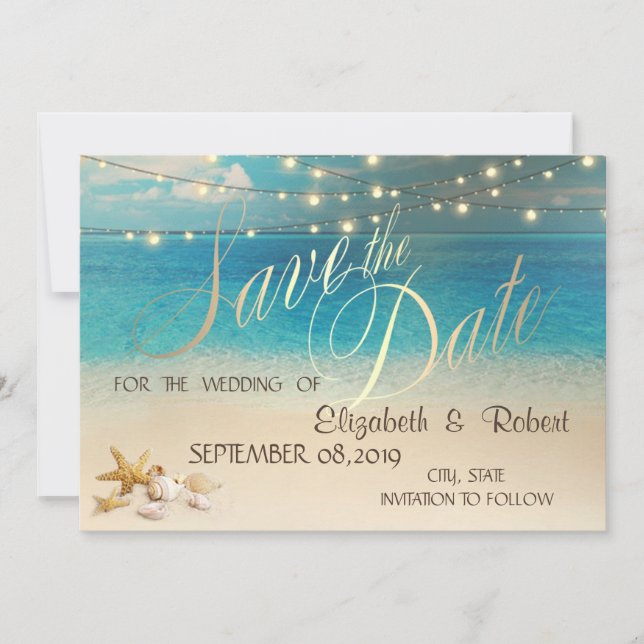 Save The Date Mariage sur la Plage Coquillages Lumières  Save Th (Devant)