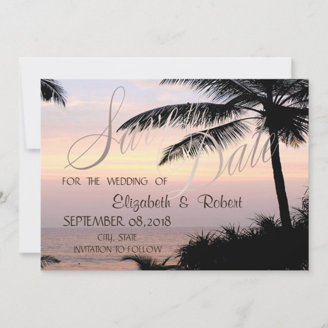 Save The Date Mariage sur la plage Palmiers Coucher de soleil  E (Devant)