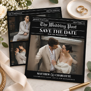 Save The Date Mariage sur papier journal vintage noir et blanc m