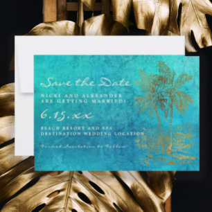 Save The Date Mariage Teal Gold Palmier Tropical Sauvegarder Not