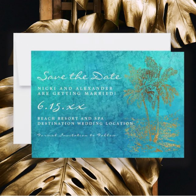 Save The Date Mariage Teal Gold Palmier Tropical Sauvegarder Not (Créateur téléchargé)