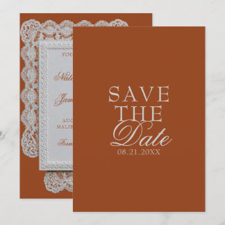Save The Date Mariage Terracotta Orange Brûlé Dentelle Vieille F