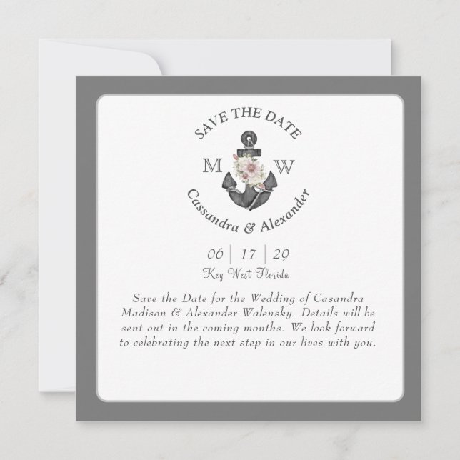 Save The Date Mariage Thème Marin Blanc Gris Argent Ancre Floral (Devant)