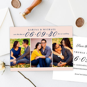 Save The Date Mariage Trois Photos Collage Marine Rouge aux Joue