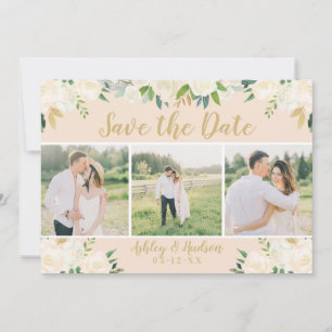 Save The Date Mariage Trois Photos Écriture Dorée Florale Rose