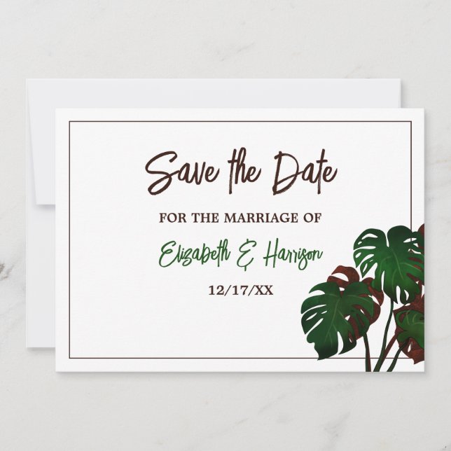 Save The Date Mariage tropical de la plage de Monstera (Devant)