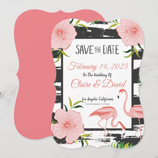 Save The Date Mariage Tropical Flamant Rose (Devant / Derrière)