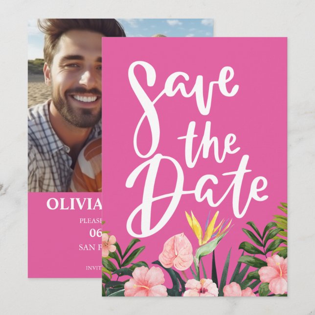 Save The Date Mariage tropical floral de plage et de destination (Devant / Derrière)