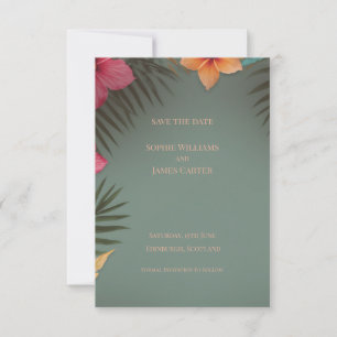Save The Date Mariage Tropical Hibiscus Palmier Vert Sauge