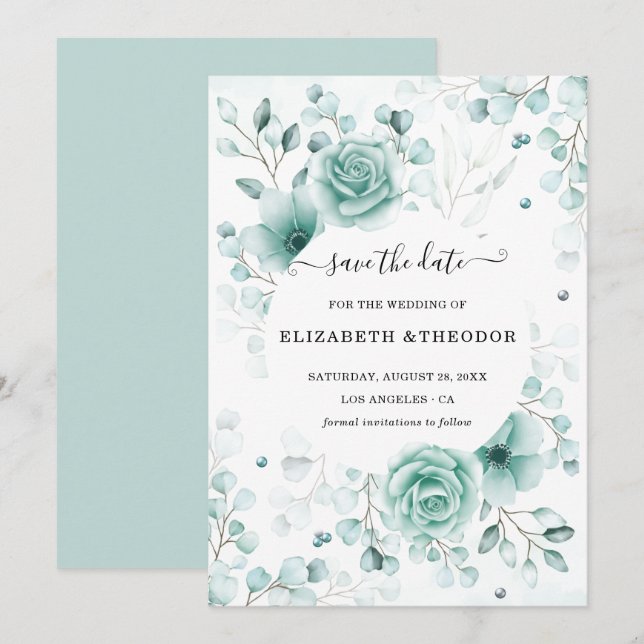 Save The Date Mariage turquoise et sauge vert (Devant / Derrière)