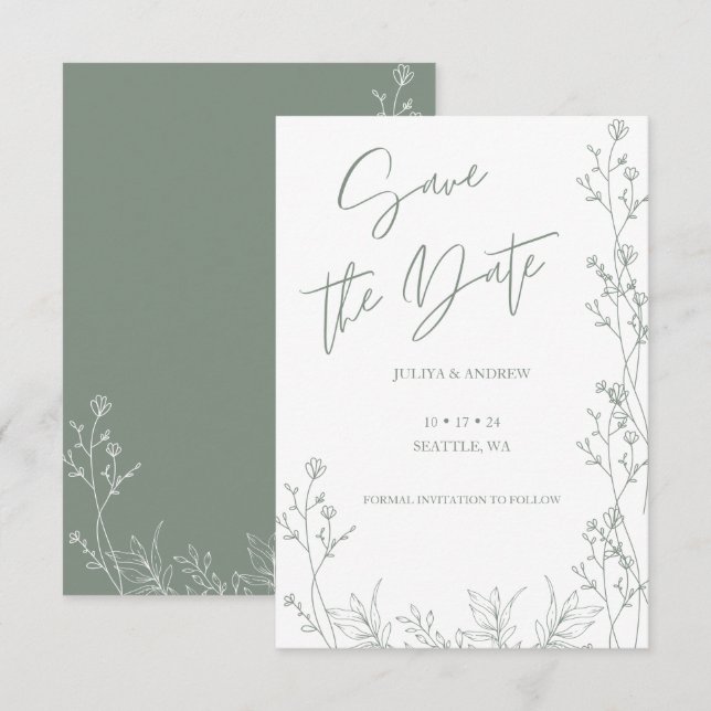 Save The Date Mariage vert blanc et saga (Devant / Derrière)