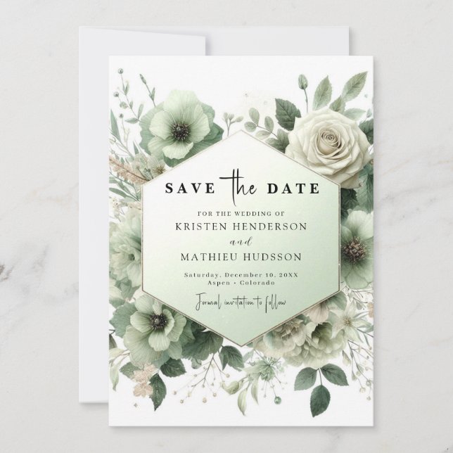 Save The Date Mariage vert chic et modifiable (Devant)