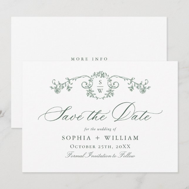 Save The Date Mariage vert de l'âge orné victorien Grace Floral (Devant / Derrière)