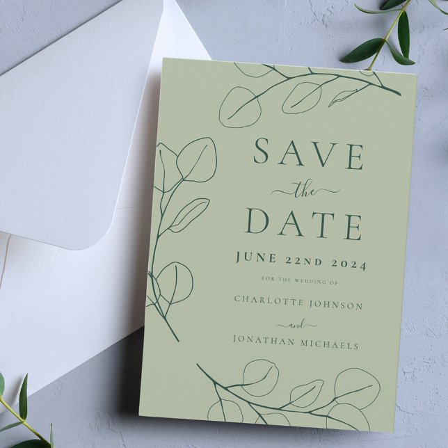 Save The Date Mariage vert minimaliste (Minimalist eucalyptus leaf green wedding save the date invitation with stylish dark green typography)