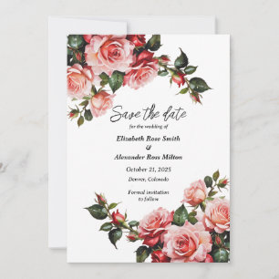 Save The Date Mariage vert rose et rose rouge foncé moody
