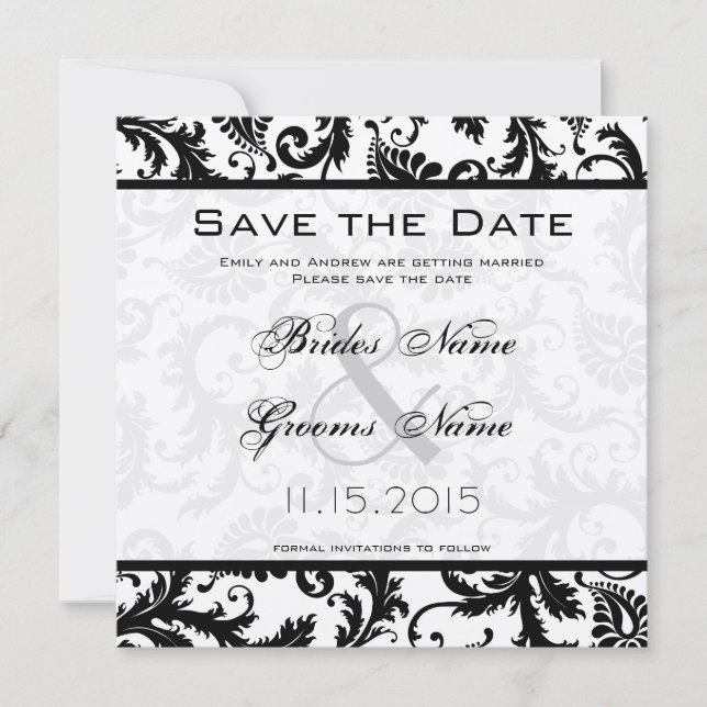 Save The Date Mariage Victorien noir et blanc Damassé (Devant)