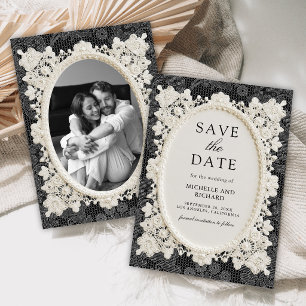 Save The Date Mariage Vintage Ancien Argent Broderie de Dentelle