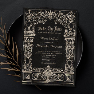 Save The Date Mariage vintage noir à l'arche baroque gothique