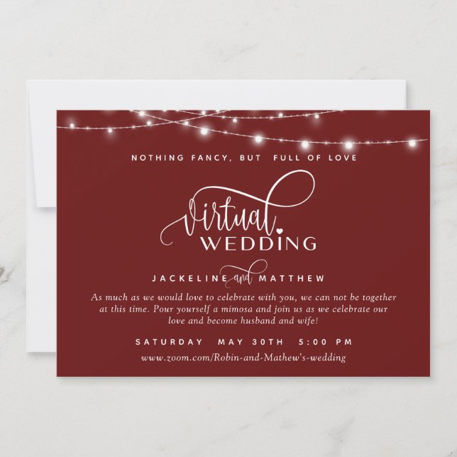 Save The Date Mariage virtuel en ligne rouge Bourgogne, lumières (Devant)