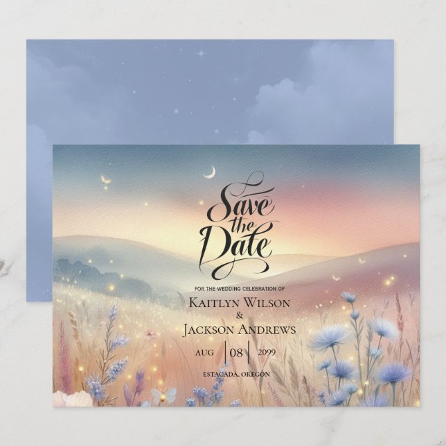 Save The Date Mariage Whispers Fleur sauvage Lune (Devant / Derrière)